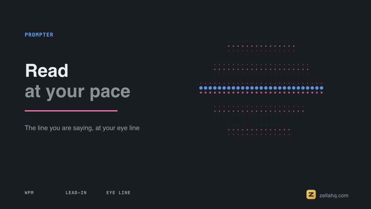 A scrolling script beside a camera lens, with the line being spoken lit up at eye level.
