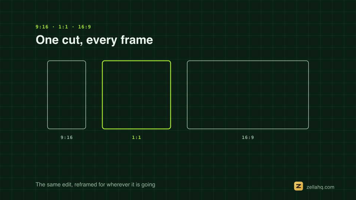 One recording reframed three ways: vertical, square and widescreen.