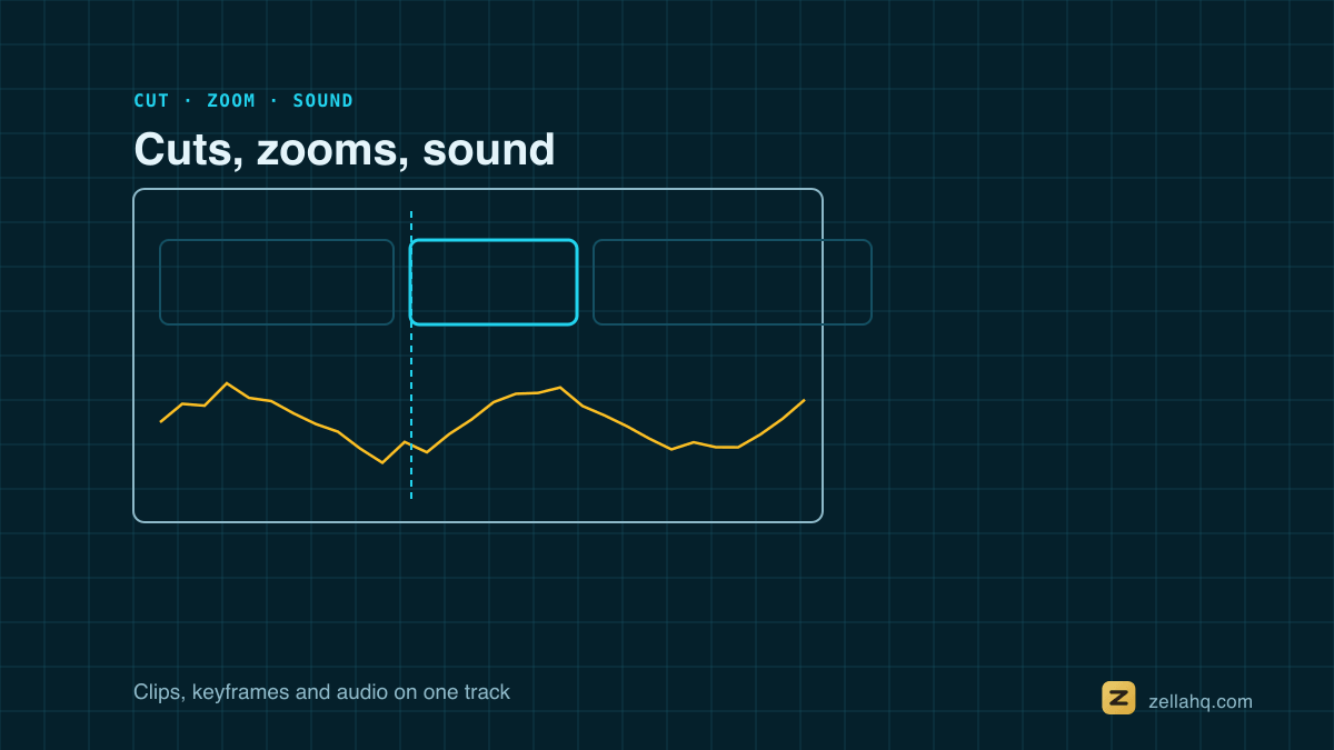 An editing timeline: video clips, a zoom keyframe and an audio track below.