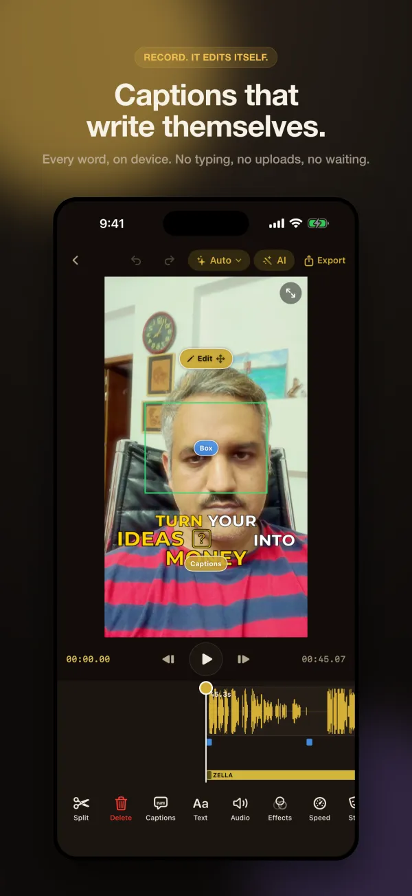 Zella for iPhone editor showing bold word-pop captions over a talking-head video, with the timeline and editing tools below
