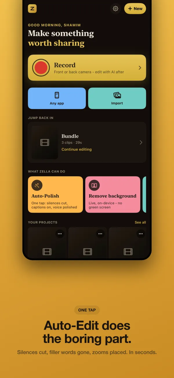 Zella for iPhone home screen with a large Record button, Import, recent projects and an Auto-Polish card