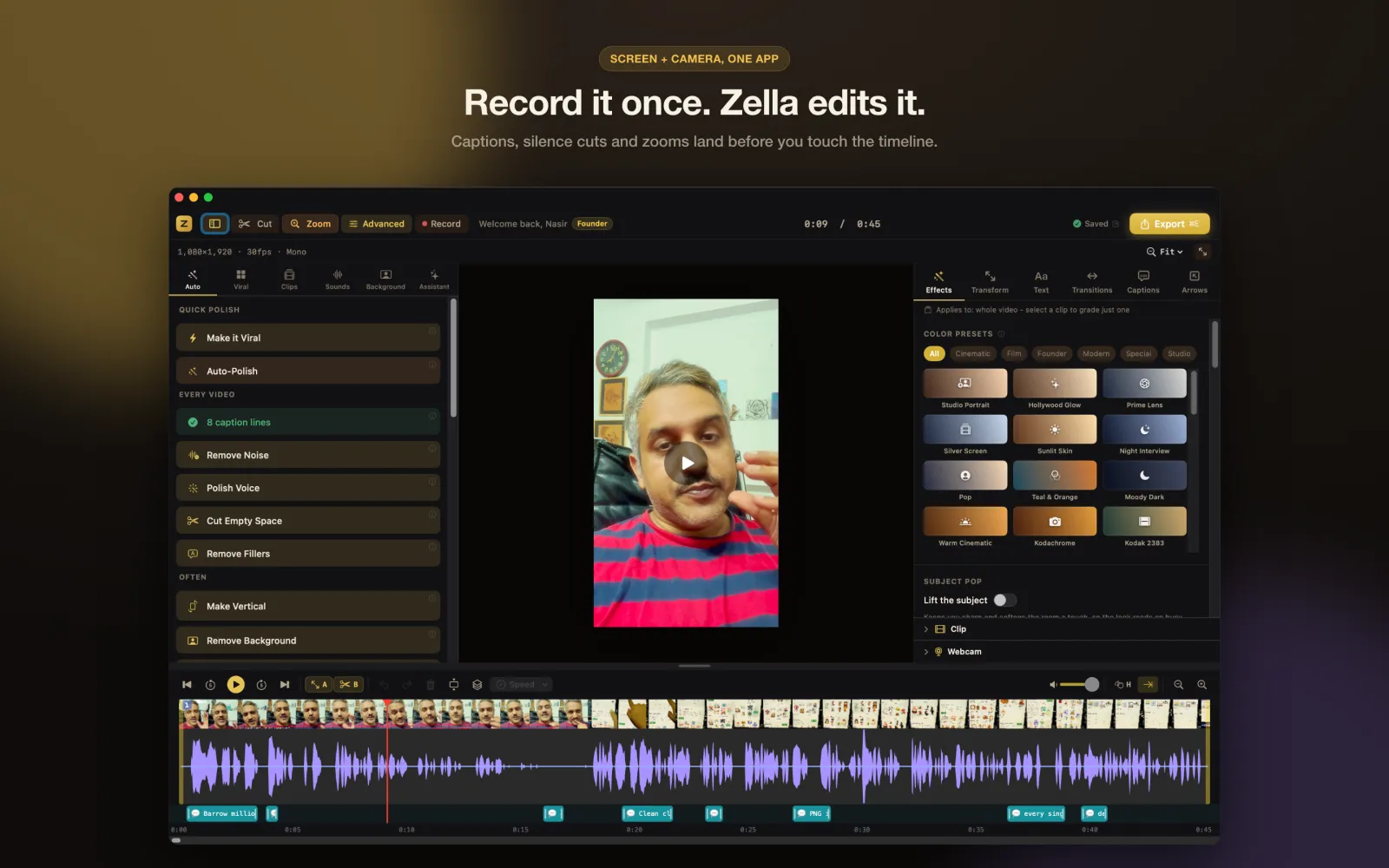Zella for Mac editor: Auto-Polish and Make it Viral at the top of the sidebar, a talking-head clip in the preview, colour looks on the right and a captioned timeline along the bottom