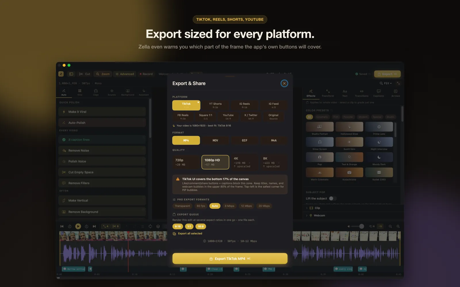 Zella for Mac Export and Share sheet with platform presets for TikTok, Shorts, Reels and YouTube, format and quality options, and a warning about the area TikTok's buttons cover